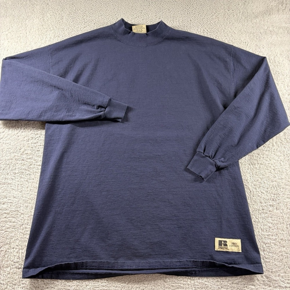 VINTAGE Russell Athletic Shirt Mens XL Navy Blue Mock Neck Base Layer Cotton